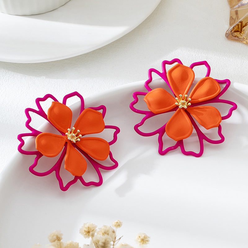 Aretes Flor Doble Naranja y Fucsia
