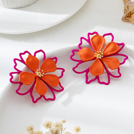Aretes Flor Doble Naranja y Fucsia