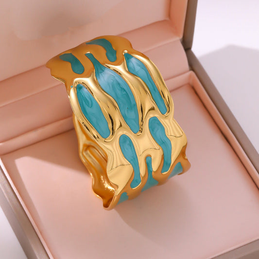 Brazalete Ancho Esmalte Turquesa y Dorado