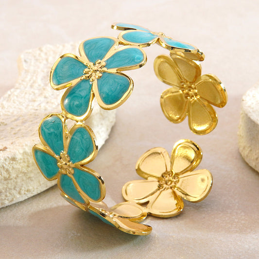 Brazalete Flores Esmaltadas Turquesa y Dorado