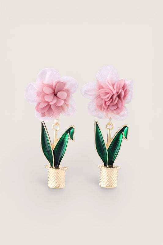 Aretes Flor de Tela Rosa con Maceta Verde