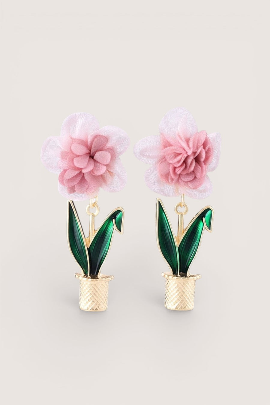 Aretes Flor de Tela Rosa con Maceta Verde