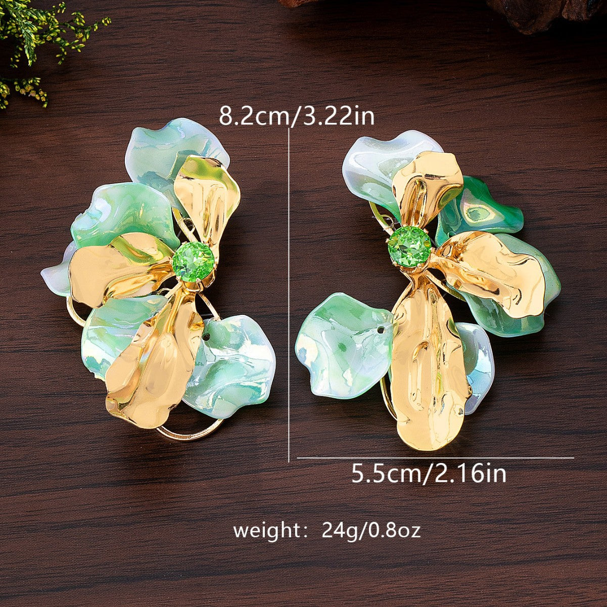Aretes Flor Pétalos Verde Agua Dorado