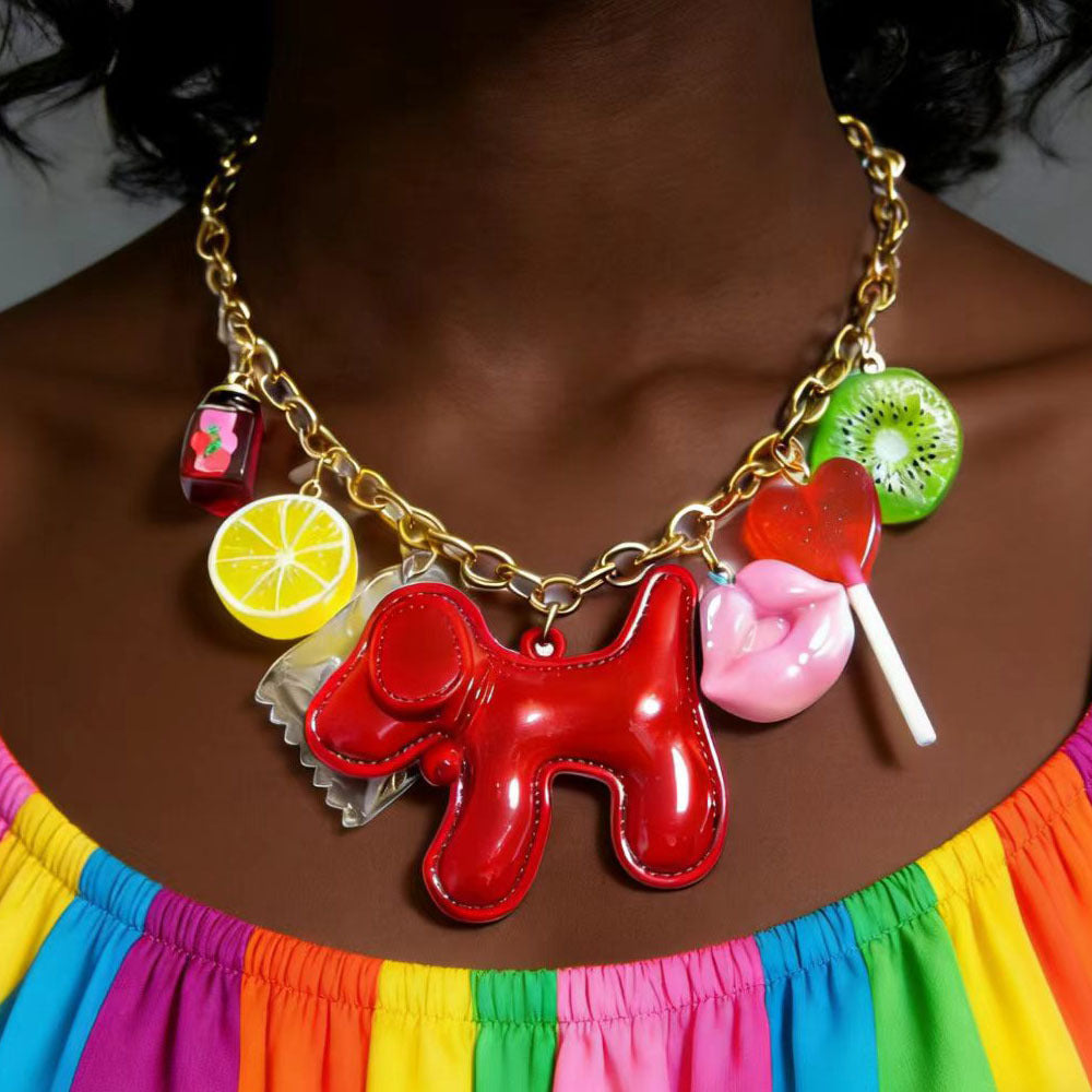 Collar Dijes Frutas y Globo Resina Multicolor