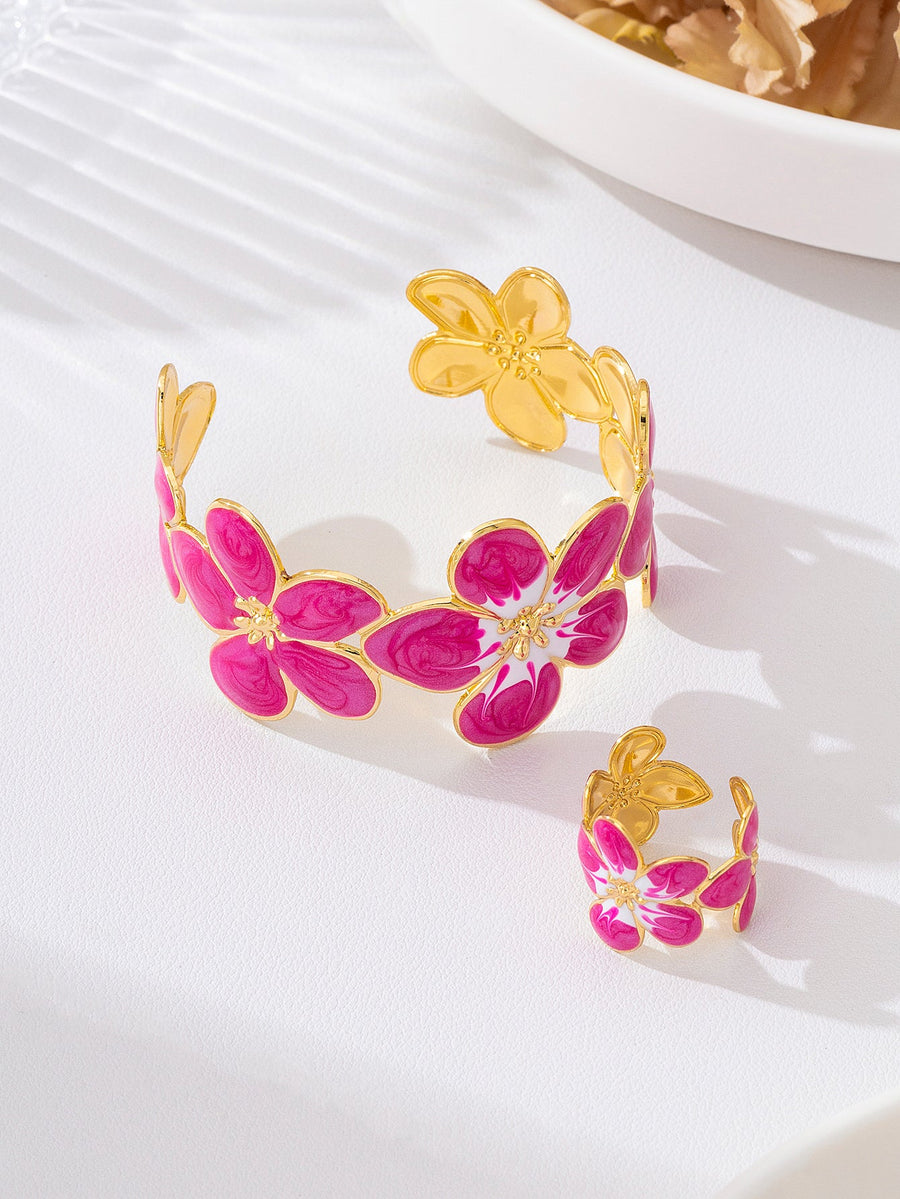 Set Brazalete y Anillo Flores Fucsia Esmaltadas