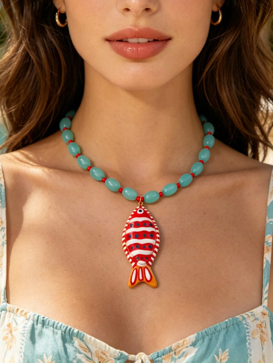 Collar Cuentas Turquesa con Dije de Pez