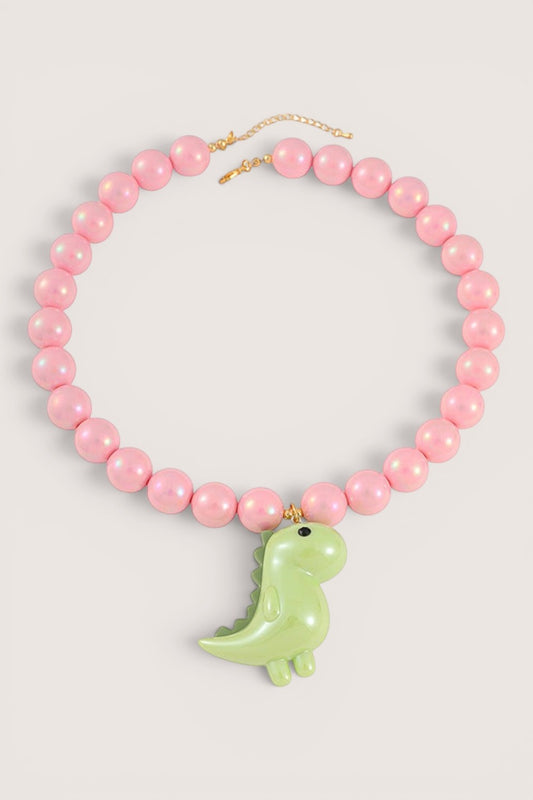 Collar Dinosaurio Verde con Perlas Rosas