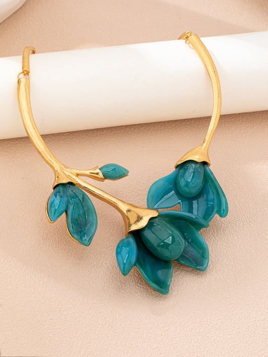 Collar Rígido Flor Esmaltada Turquesa