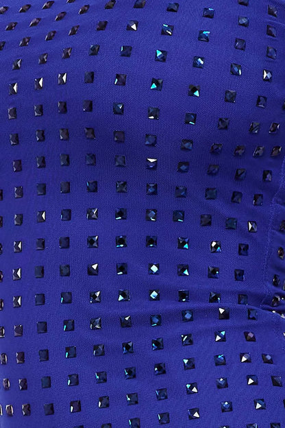 Vestido Corto  de Mesh con Piedras Manga larga Azul
