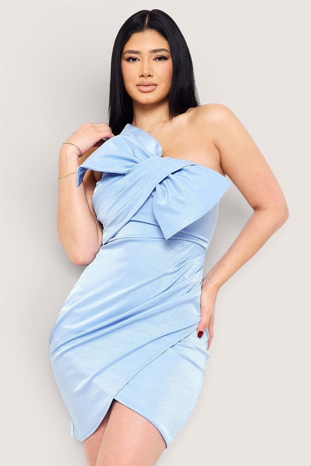 Vestido Corto Pegado con Moño Azul acero