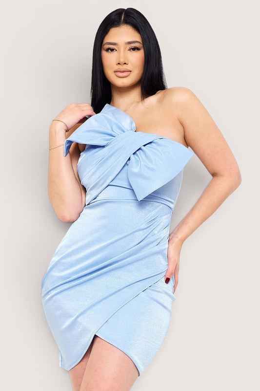 Vestido Corto Pegado con Moño Azul acero