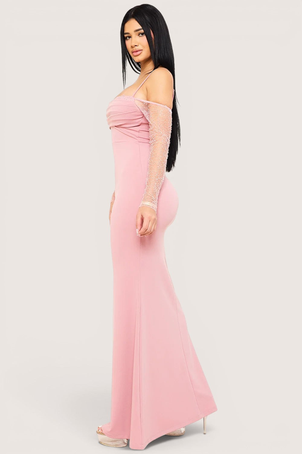 Vestido Largo Sirena Manga larga palo de rosa