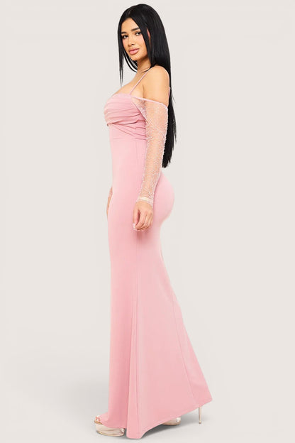 Vestido Largo Sirena Manga larga palo de rosa
