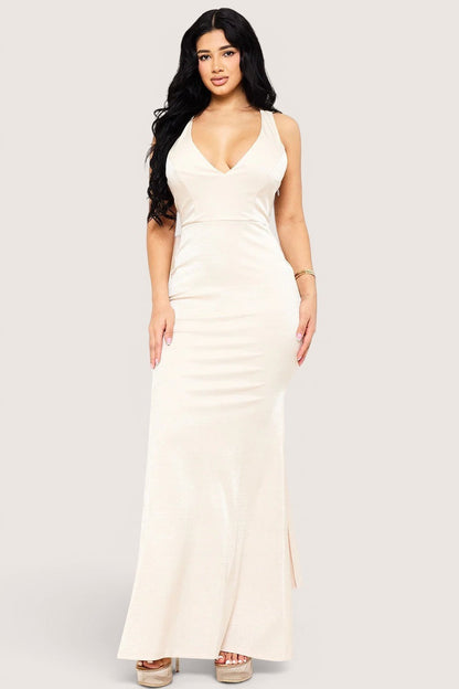 Vestido Largo escote v Con Moño atras  champagne