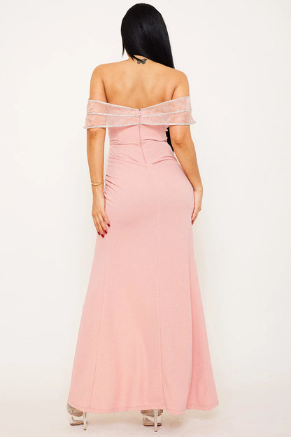 Vestido Largo Medio Hombro con contorno piedras Rosa