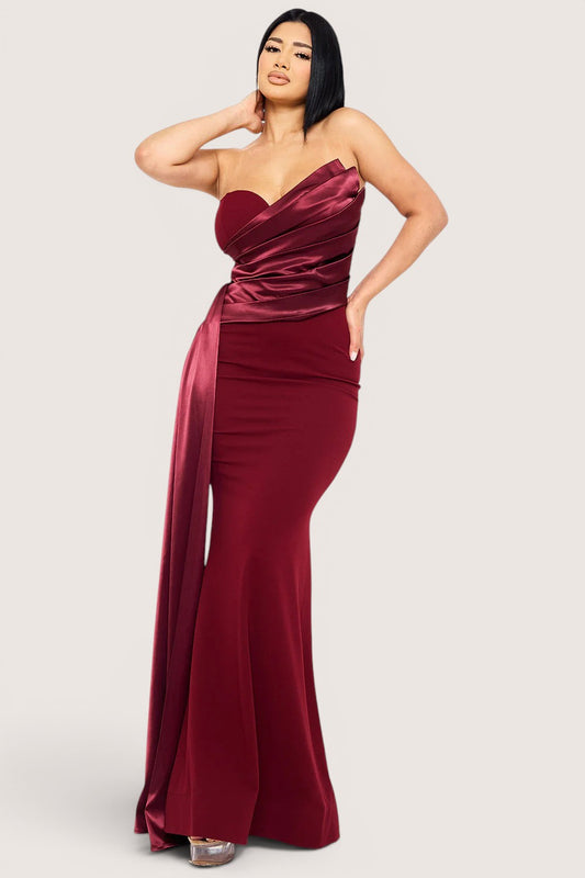 Vestido Largo Strapless Drappeado con Panel Satín – Color Vino