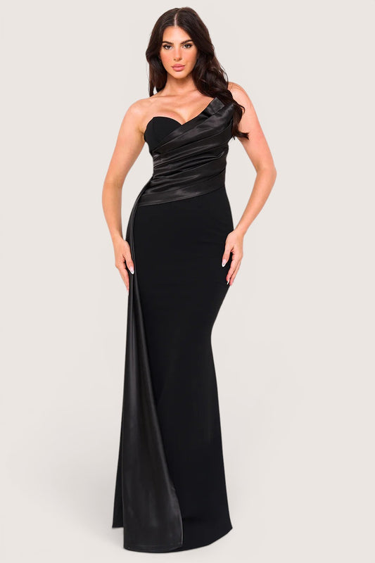 Vestido Largo Strapless Drappeado con Panel Satín – Color NEGRO