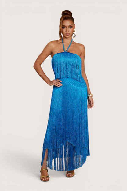 Vestido Largo Azul Halter Flecos en Capas | T260602