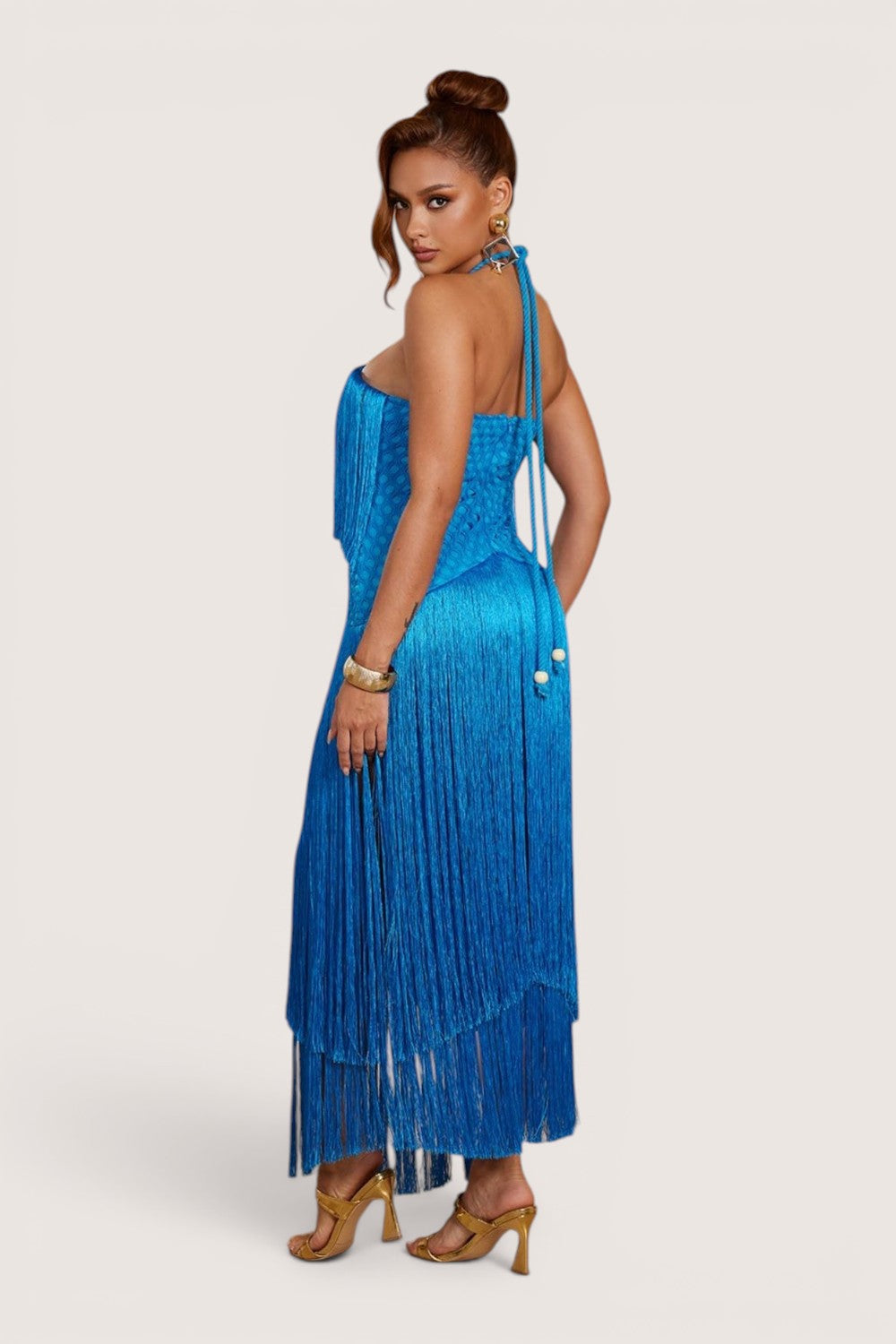 Vestido Largo Azul Halter Flecos en Capas | T260602