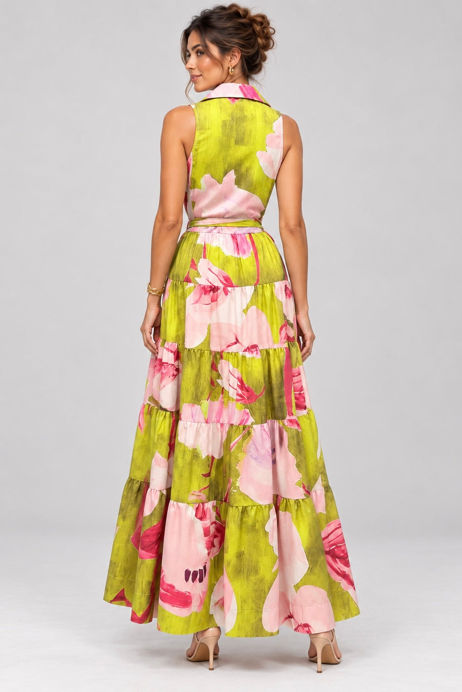 Pink Shop by MAF Vestido maxi camisero estampado floral verde lima, espalda