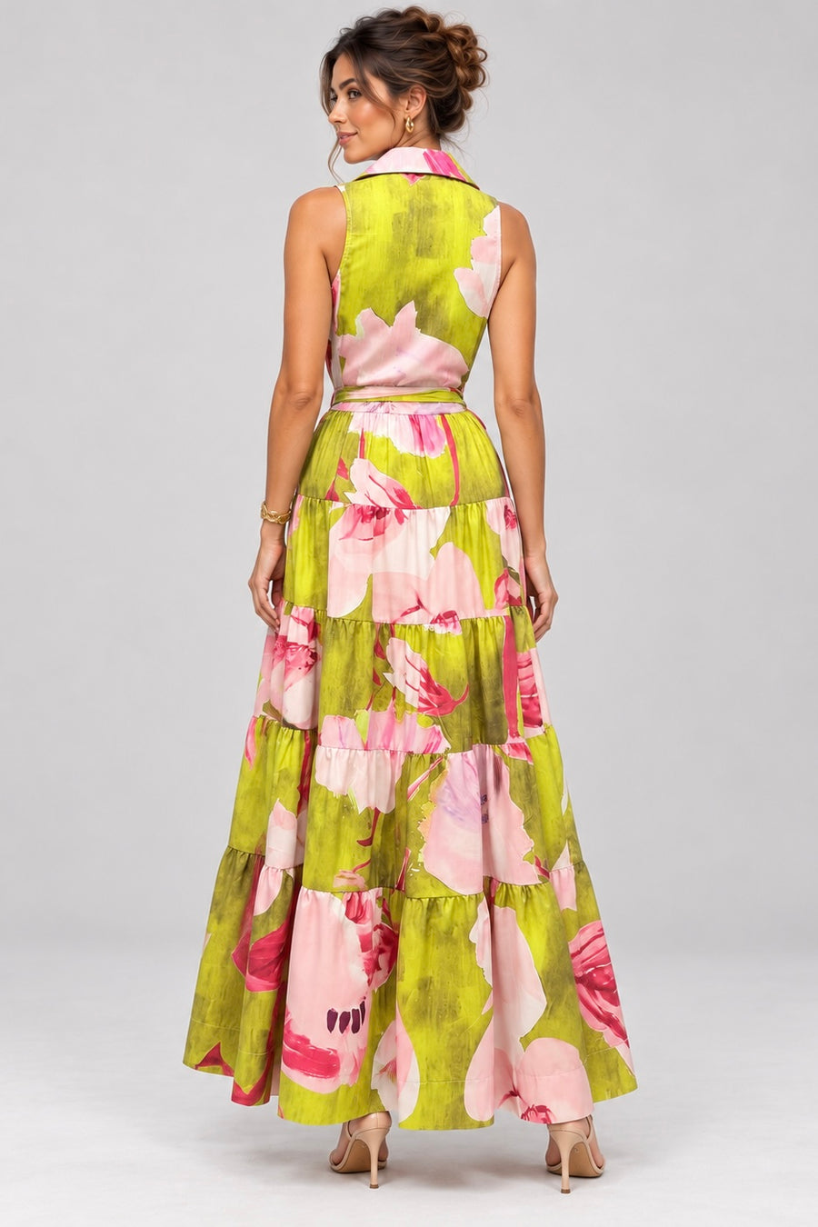Pink Shop by MAF Vestido maxi camisero estampado floral verde lima, espalda