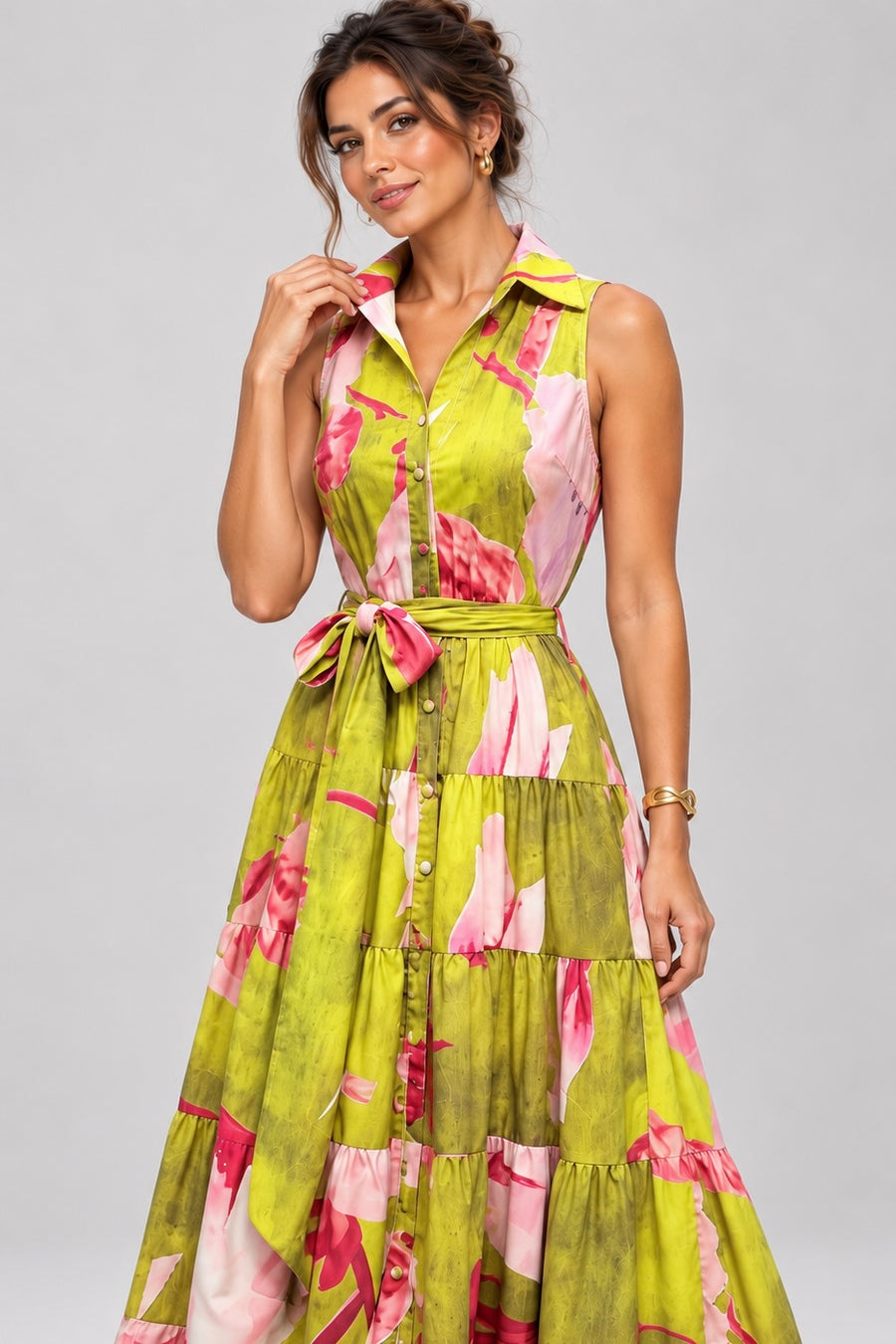 Pink Shop by MAF Vestido maxi camisero estampado floral verde lima, detalle