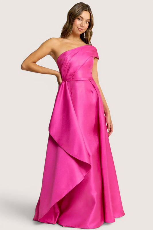 Vestido Largo en A Rosa Escote Asimétrico
