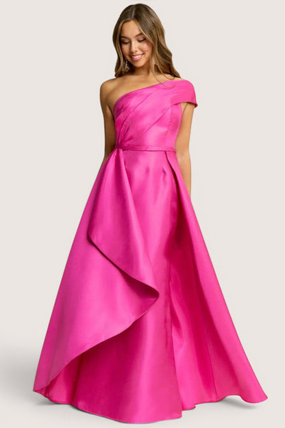 Vestido Largo en A Rosa Escote Asimétrico