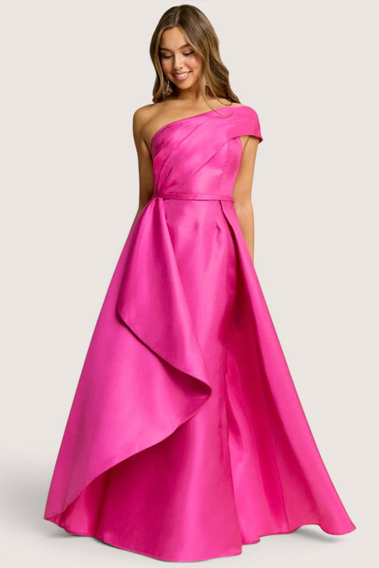 Vestido Largo en A Rosa Escote Asimétrico