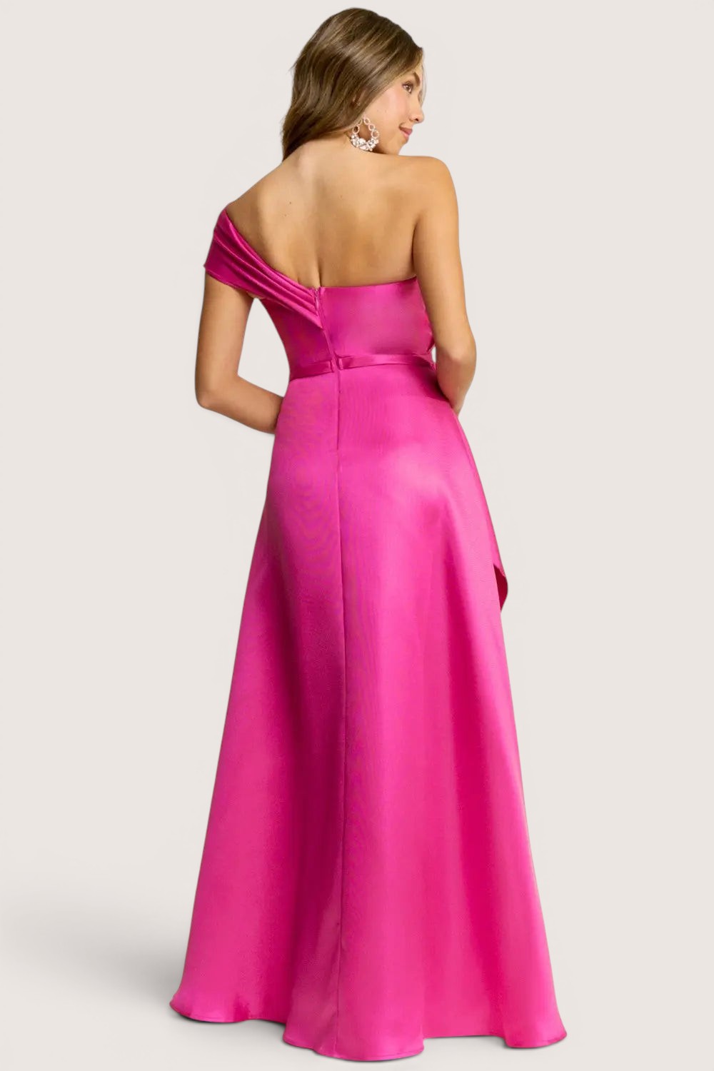 Vestido Largo en A Rosa Escote Asimétrico