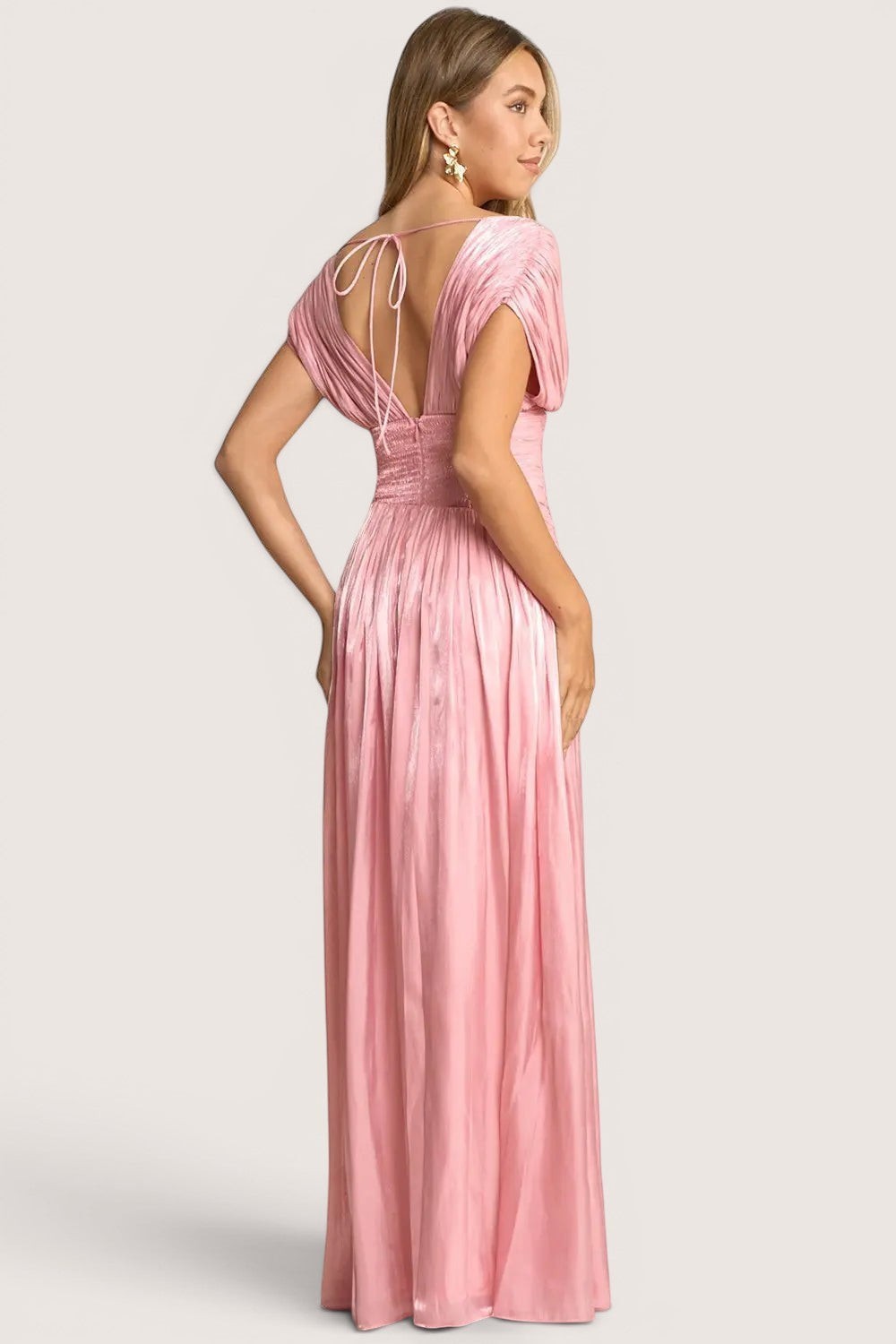 Vestido Largo en A Rosa Manga Ancha Caída