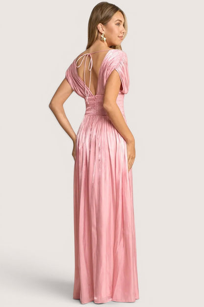 Vestido Largo en A Rosa Manga Ancha Caída