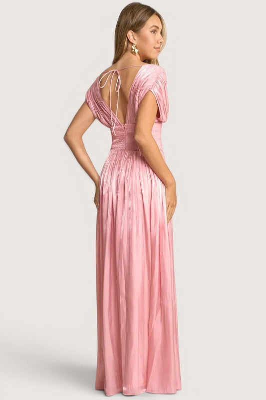 Vestido Largo en A Rosa Manga Ancha Caída
