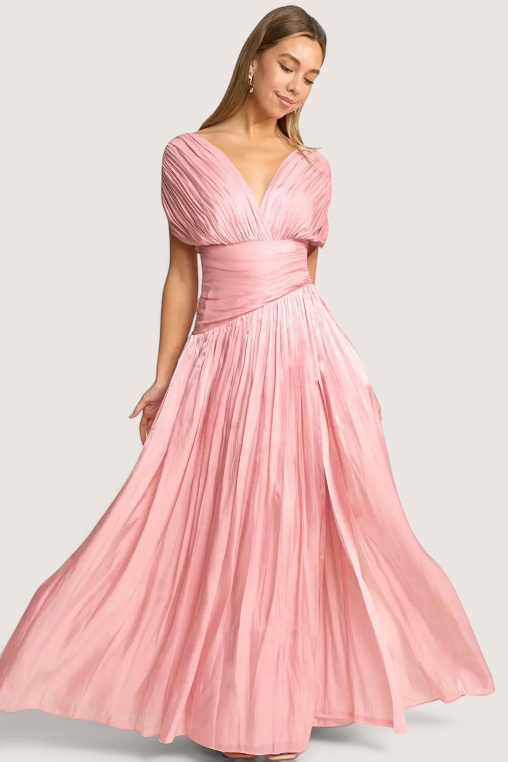 Vestido Largo en A Rosa Manga Ancha Caída