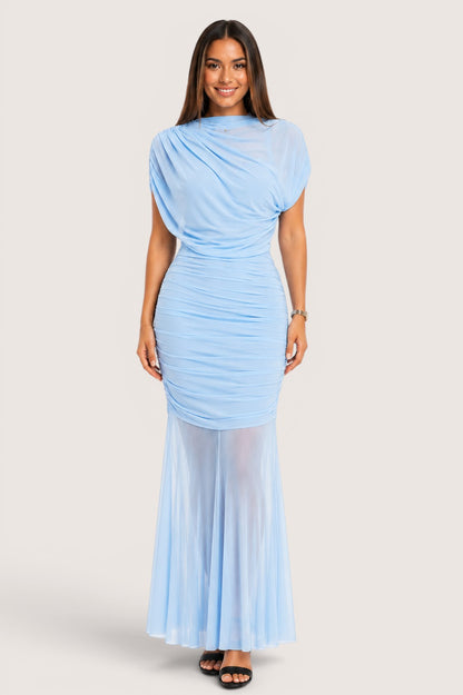 Vestido maxi azul cielo mesh - vista lateral