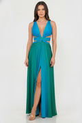Vestido Largo Vaporoso Degradé Azul-Verde Escote V con Cut-Outs