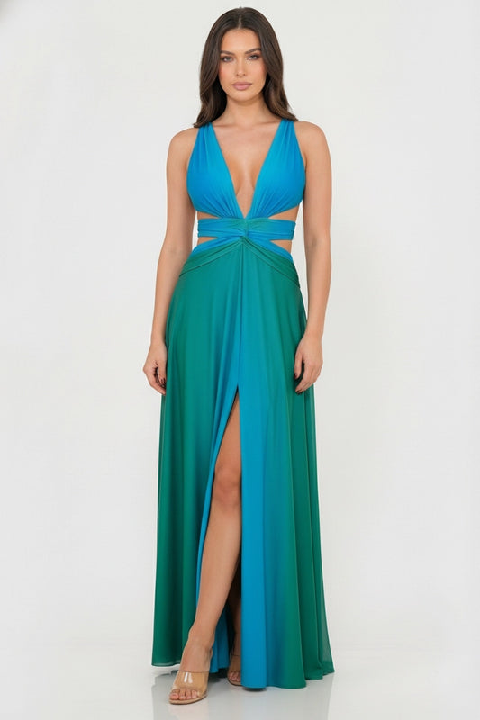 Vestido largo degradé azul-verde escote V cut-outs - frente