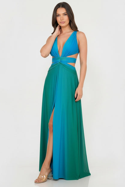 Vestido largo degradé azul-verde detalle