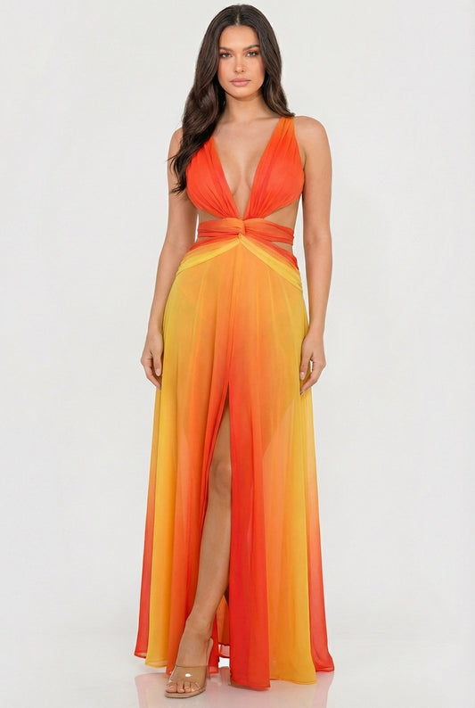 Vestido largo degradé naranja-amarillo escote V cut-outs