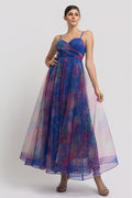 Vestido Largo Tul Corset Estampado Floral Azul Morado