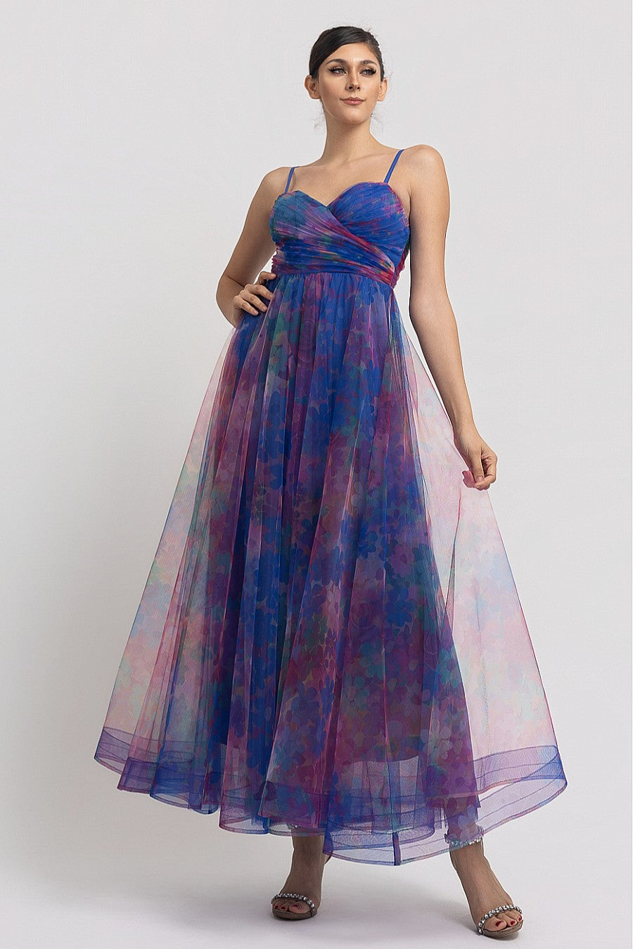 Vestido largo tul corset estampado floral azul morado - frente