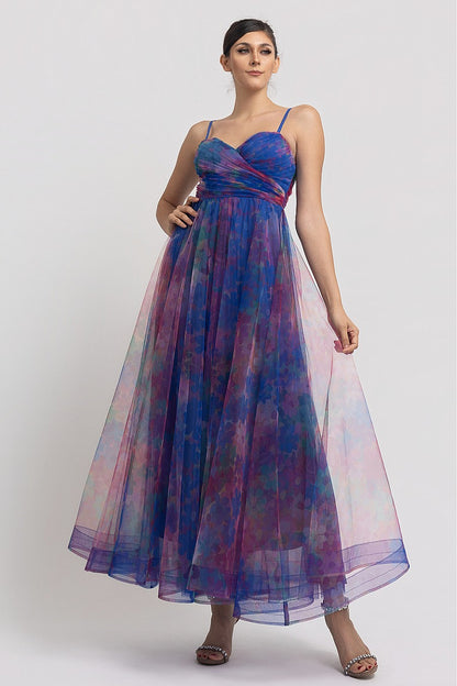 Vestido largo tul corset estampado floral azul morado - frente