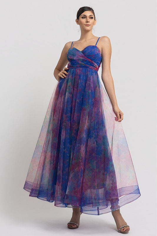 Vestido largo tul corset estampado floral azul morado - frente