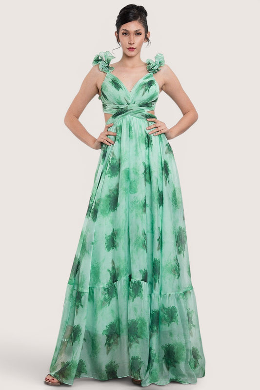 Vestido maxi verde floral acuarela tirantes con flores - frente