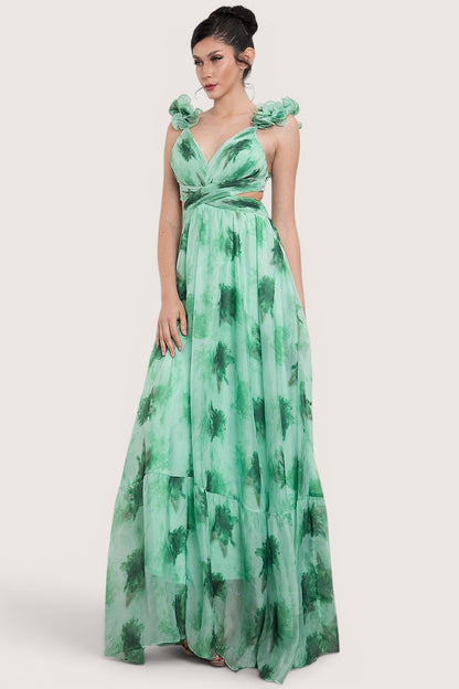 Vestido maxi verde detalle flores 3D