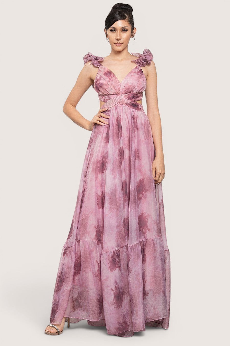 Vestido maxi malva floral acuarela flores 3D - frente