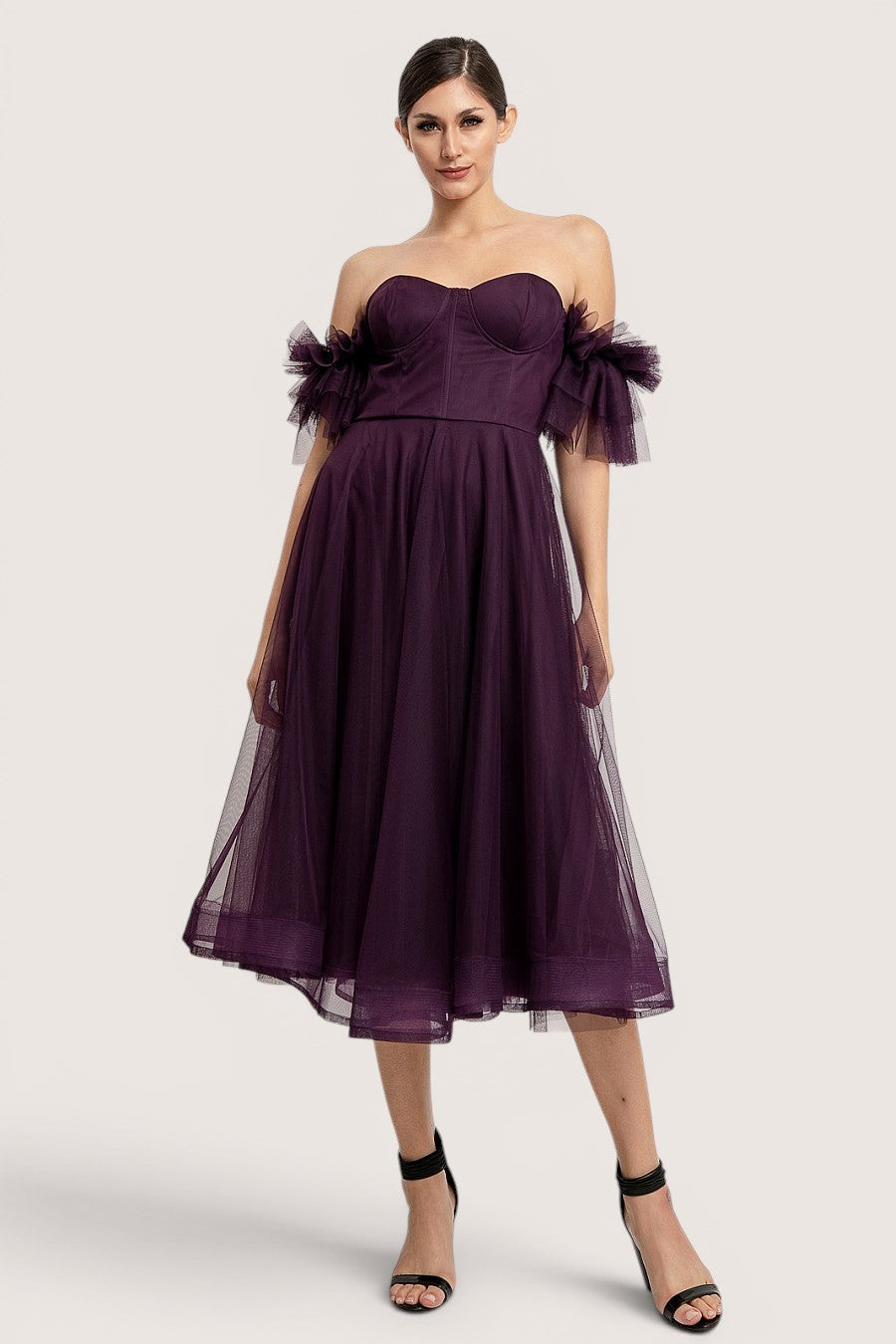 Vestido midi mora oscura corset off-shoulder tul - frente