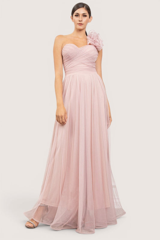 Vestido largo rosa tul un hombro flor 3D - frente