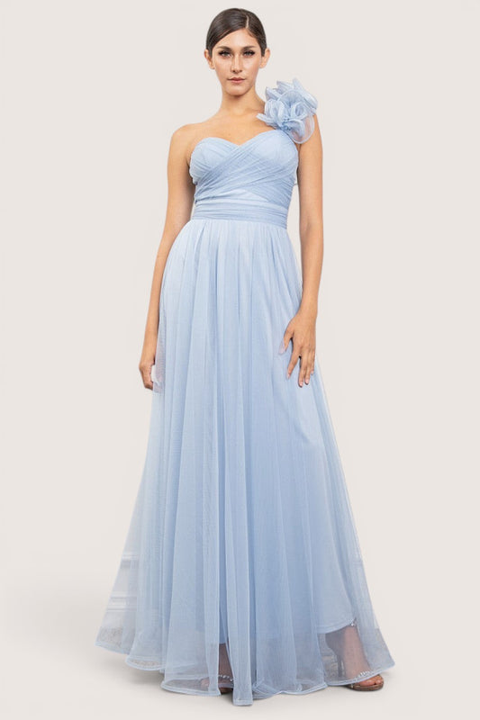 Vestido largo azul tul un hombro flor 3D