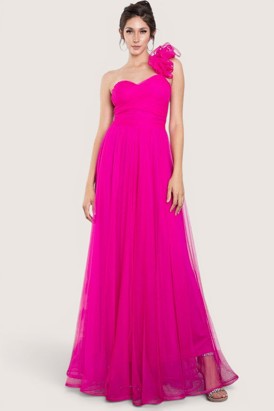 Vestido largo magenta tul un hombro flor 3D
